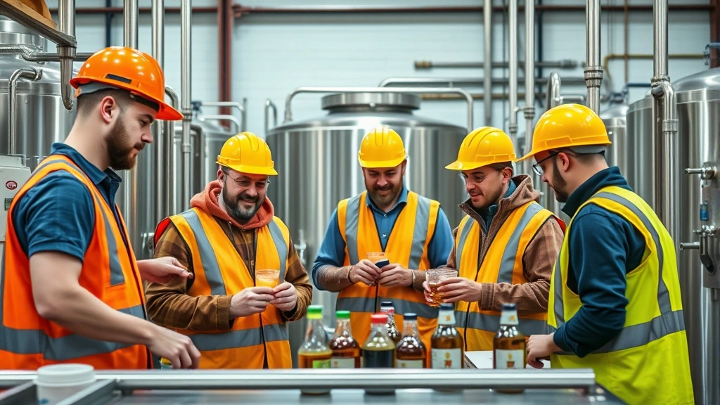 Diverse brewery team collaborating in production area, wearing safety gear, actively engaged in quality control and beverage production tasks