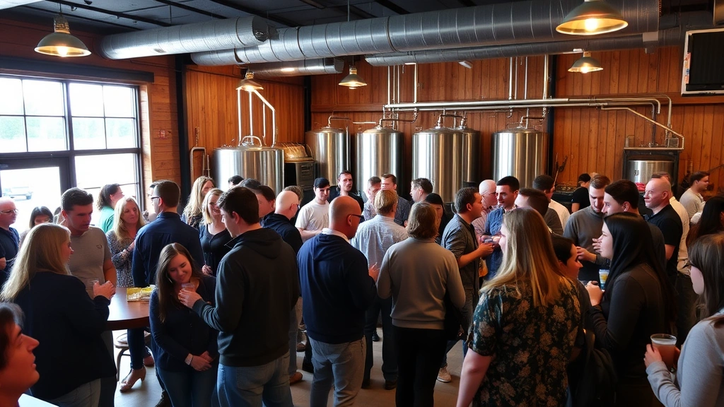 Community event at brewery tasting room with groups of people gathering, socializing, and enjoying craft beverages in welcoming atmosphere