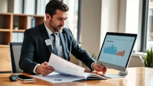 Professional commercial real estate agent reviewing property documents at modern desk with computer displaying market analysis, natural office lighting, confident business attire