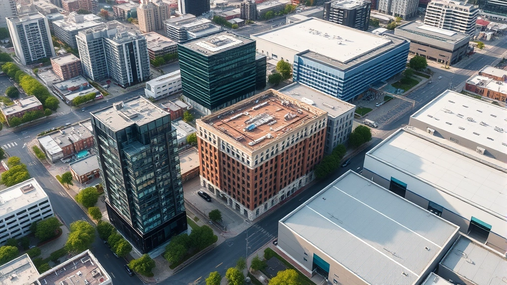 Aerial view of diverse commercial real estate portfolio including office building, apartment complex, and industrial warehouse in different urban locations, daytime photography