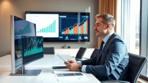 Experienced CEO in modern office conference room reviewing financial documents and growth charts on large monitor, professional attire, focused expression, daylight from windows, contemporary workspace