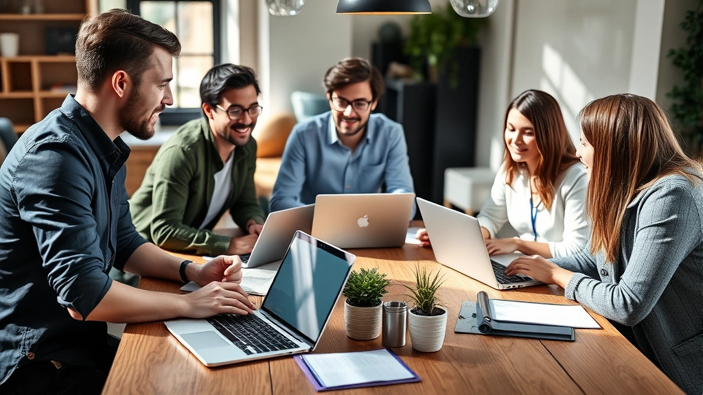 Young diverse startup team collaborating around wooden table with laptops and notebooks, engaged discussion, casual professional clothing, bright natural lighting, creative startup environment