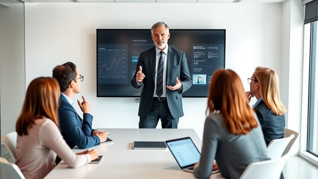 Mature business leader presenting strategy to small group in minimalist meeting room, using digital displays, confident posture, professional business casual attire, modern corporate setting