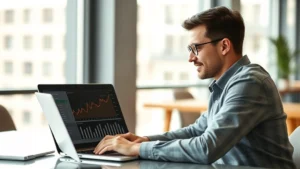 Professional young adult reviewing investment portfolio on laptop in modern office setting, charts and analytics visible on screen, confident expression, natural daylight from windows