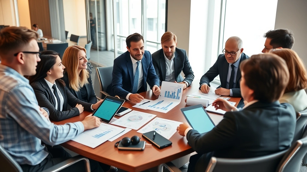 Diverse group of investors in business casual attire discussing investment strategy around conference table with financial reports and tablets, collaborative atmosphere, bright corporate office