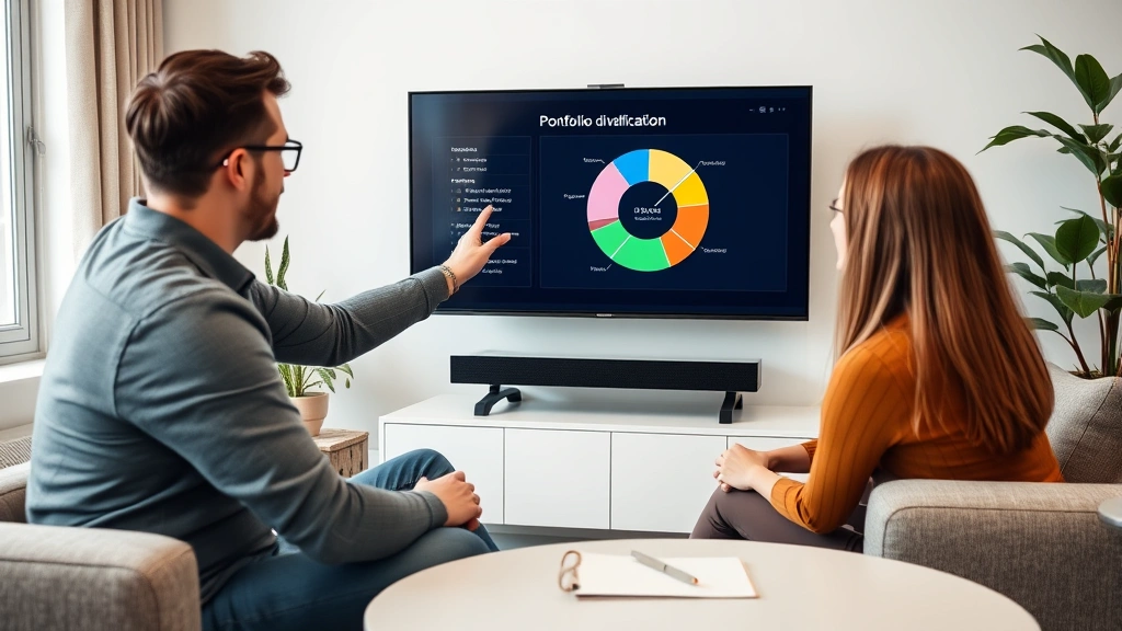 Financial advisor presenting portfolio diversification concept to young couple in comfortable office setting, pointing to investment allocation pie chart on screen, welcoming professional environment