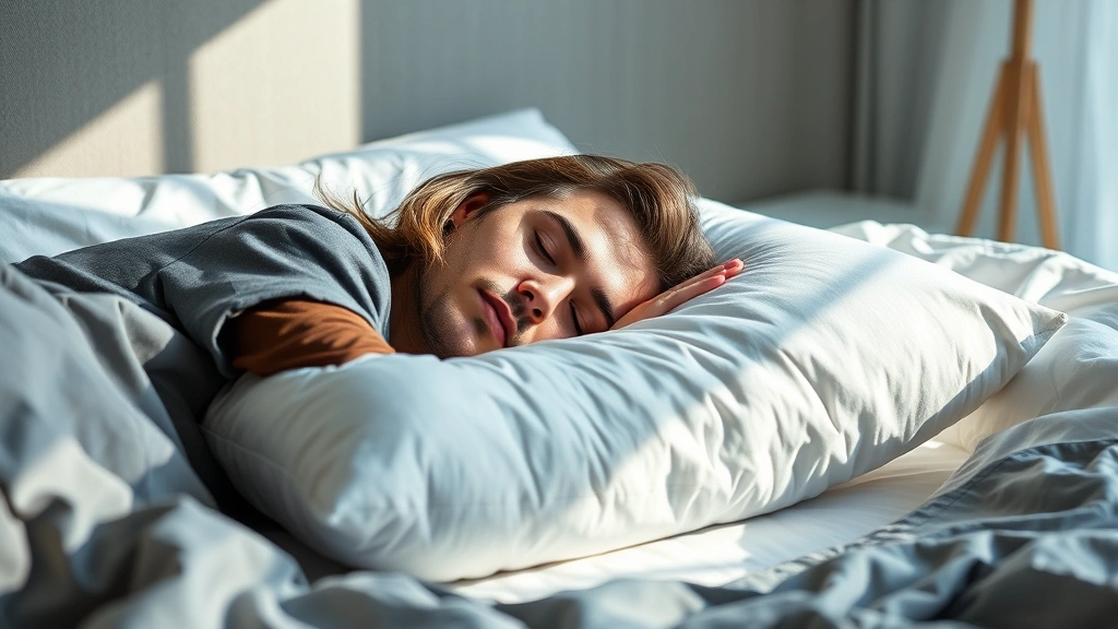Professional executive sleeping peacefully on high-quality fluffy pillow in modern bedroom, natural morning light, emphasizing rest and wellness