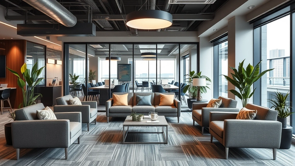 Modern corporate office break room with comfortable seating area featuring premium pillows and rest furniture, contemporary design, professional ambiance