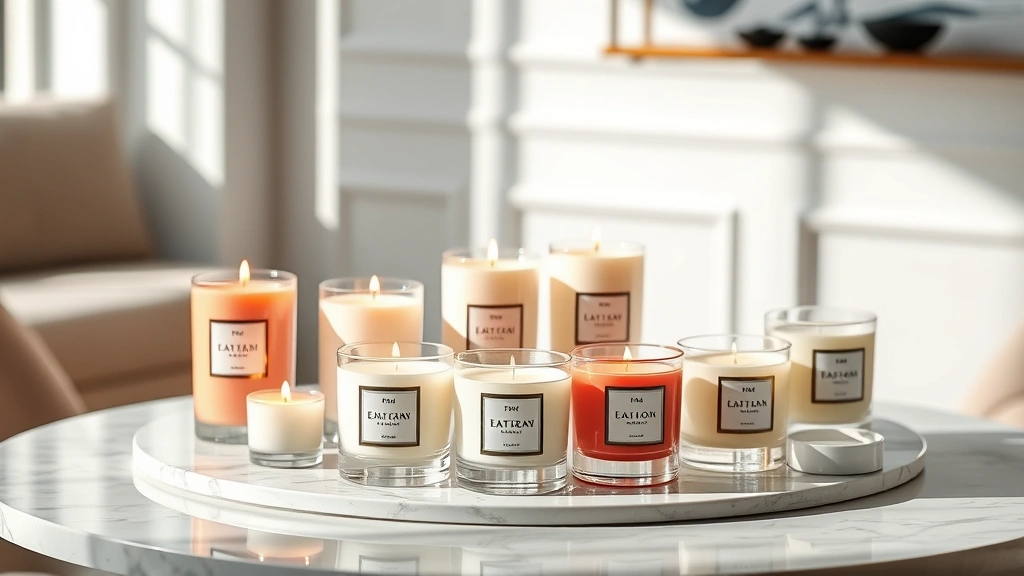 Professional luxury candle display on marble table with soft natural lighting, multiple premium scented candles in elegant glass containers, minimalist interior design aesthetic, warm ambient glow, high-end home decor setting