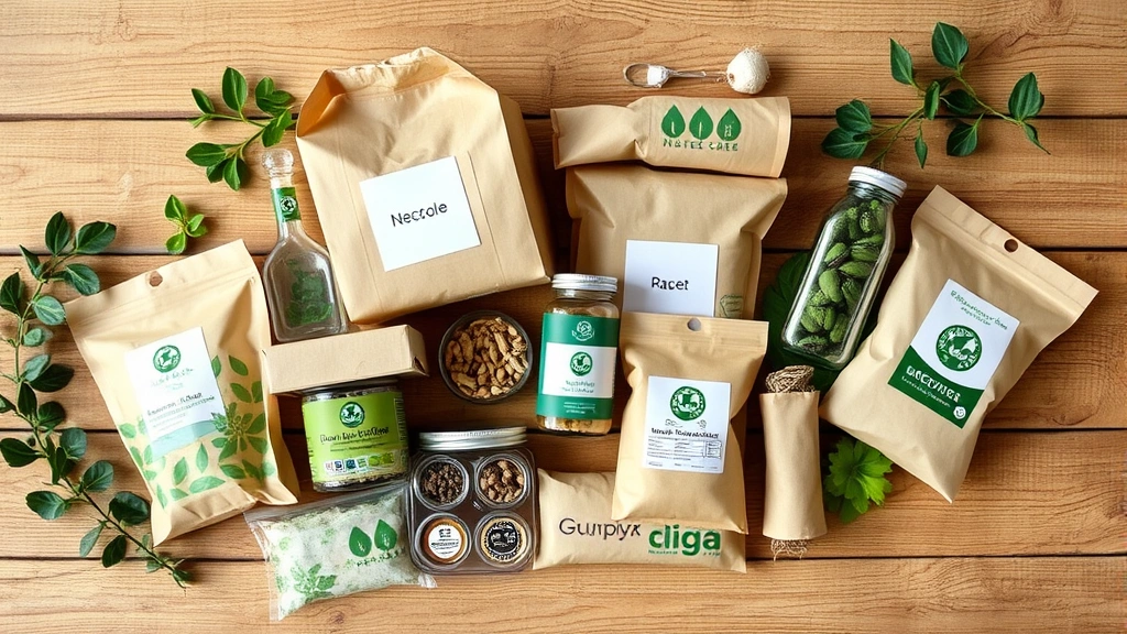 Sustainable packaging materials arranged on eco-friendly wooden surface, recyclable glass containers, biodegradable paper wrapping, natural fiber components, environmental certification symbols visible, minimal waste demonstration, conscious consumption aesthetic