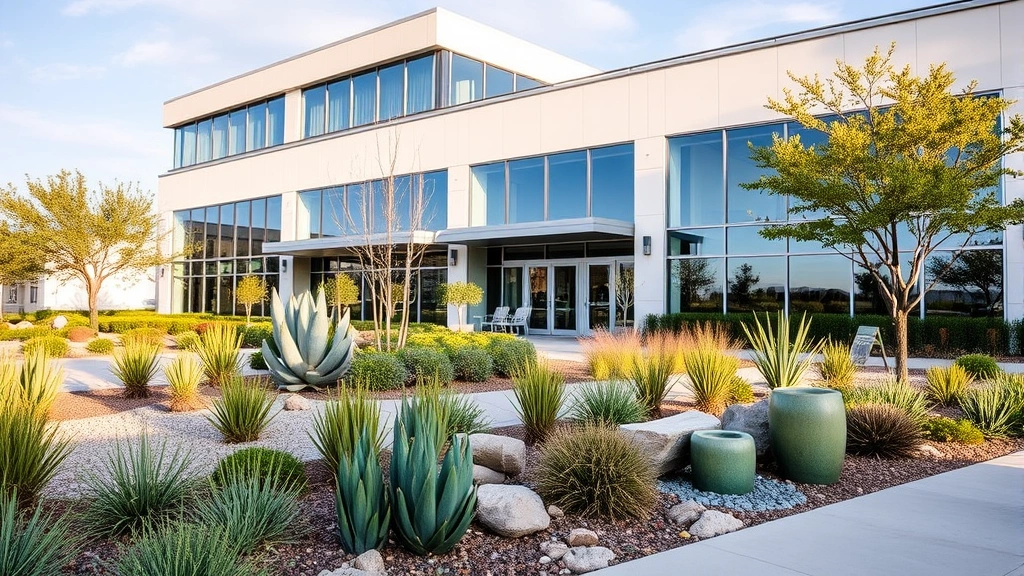 Corporate office building with modern water conservation features, professional landscaping with native drought-resistant plants, visible water management infrastructure, clean architectural design, daytime outdoor setting