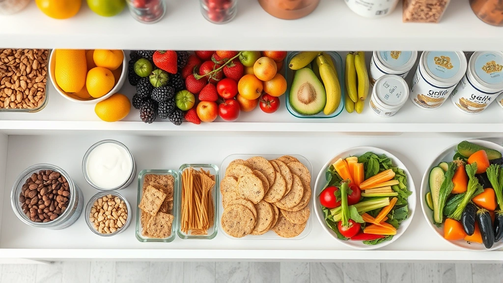 Professional overhead view of organized break room with colorful fresh fruits, mixed nuts in glass containers, Greek yogurt cups, whole grain crackers, and vegetable platters arranged on modern white shelving with clean aesthetic