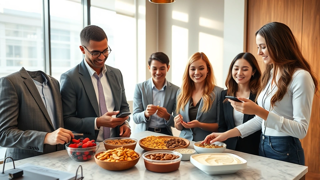 Diverse group of four office workers in business casual attire gathered around a break room counter selecting from vibrant array of healthy snacks including berries, almonds, and hummus with warm natural lighting