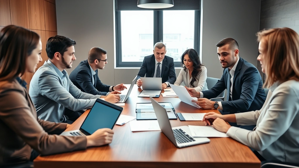 Professional business team in modern office conference room having strategic planning discussion around wooden table with laptops and documents, natural window light, diverse group of executives collaborating intensely