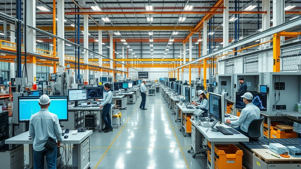 Manufacturing or operations facility showing advanced quality control processes, employees working at organized workstations with monitoring systems, clean industrial environment demonstrating operational excellence and systematic processes