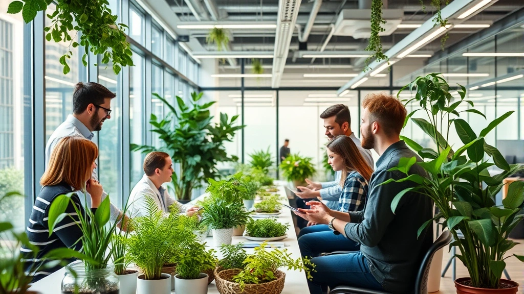 Corporate sustainability initiative showing green office space with plants, employees engaged in environmental responsibility program, modern workplace culture emphasizing community and long-term stakeholder value creation