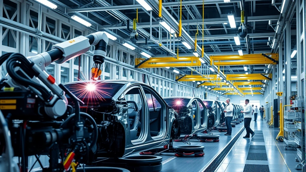 Modern automotive assembly plant interior with advanced robotic welding equipment and collaborative robots working alongside human workers on a production line, industrial lighting, no visible text or signage, photorealistic
