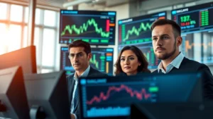 Professional treasury team analyzing currency market data on multiple digital displays in modern corporate office, serious focused expressions, financial charts visible on screens, contemporary business environment