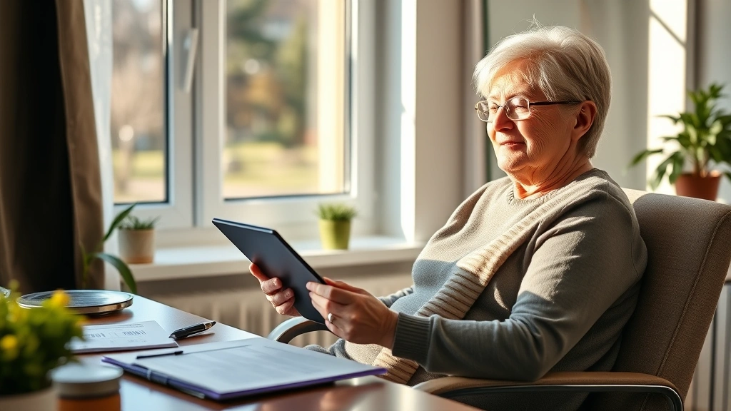 Senior woman sitting peacefully by window in comfortable home office, holding tablet reviewing insurance policy online, afternoon sunlight, organized desk with financial documents, serene expression