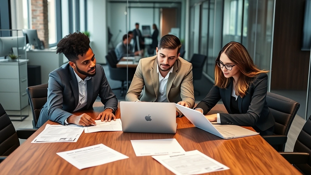 Diverse group of three professionals in business casual attire reviewing insurance plans at conference table, laptop and documents spread out, collaborative discussion pose, modern corporate office environment