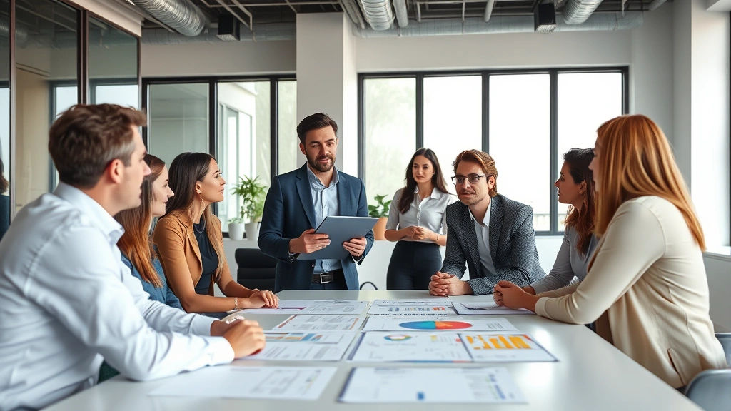 Professional event coordinator leading a team meeting in a modern office, discussing event logistics with clipboard and detailed planning documents spread across conference table, natural daylight from windows, collaborative atmosphere with diverse team members