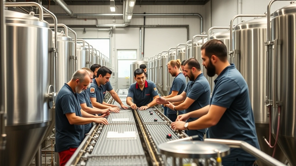 Diverse brewery production team collaborating on assembly line, stainless steel fermentation tanks visible, employees wearing brewery uniforms, teamwork and operational excellence, natural lighting