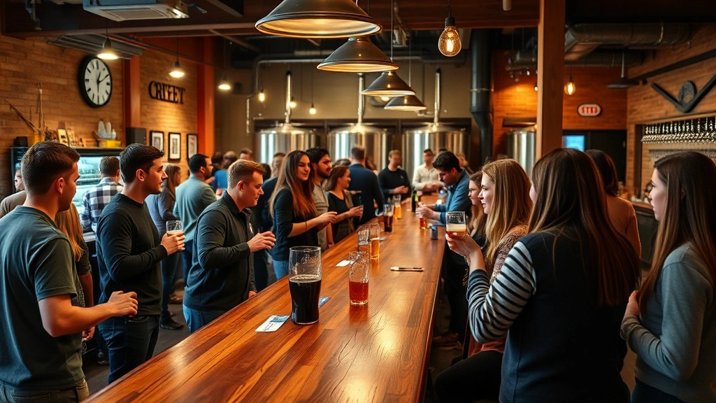 Vibrant brewery taproom community event, customers enjoying craft beer tastings, wooden bar counter, casual social atmosphere, diverse group of people networking, warm ambient lighting