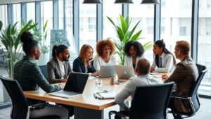 Professional diverse team collaborating at modern conference table with laptops and notebooks, natural lighting from large windows, contemporary office setting with glass walls and green plants, people engaged in discussion