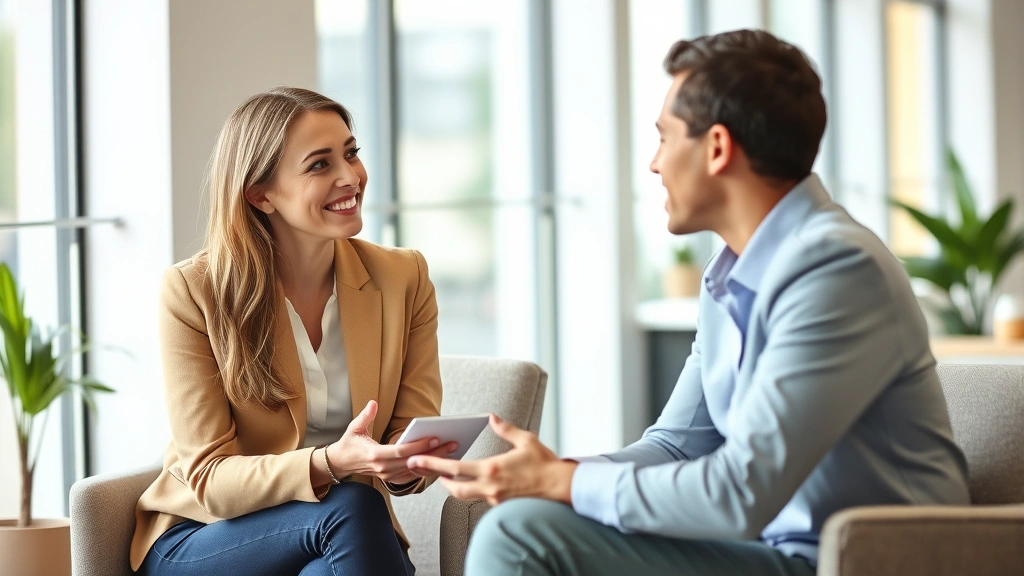 Female manager providing mentoring feedback to young professional employee in modern office, both sitting comfortably, positive body language, natural warm lighting, professional attire, genuine interaction