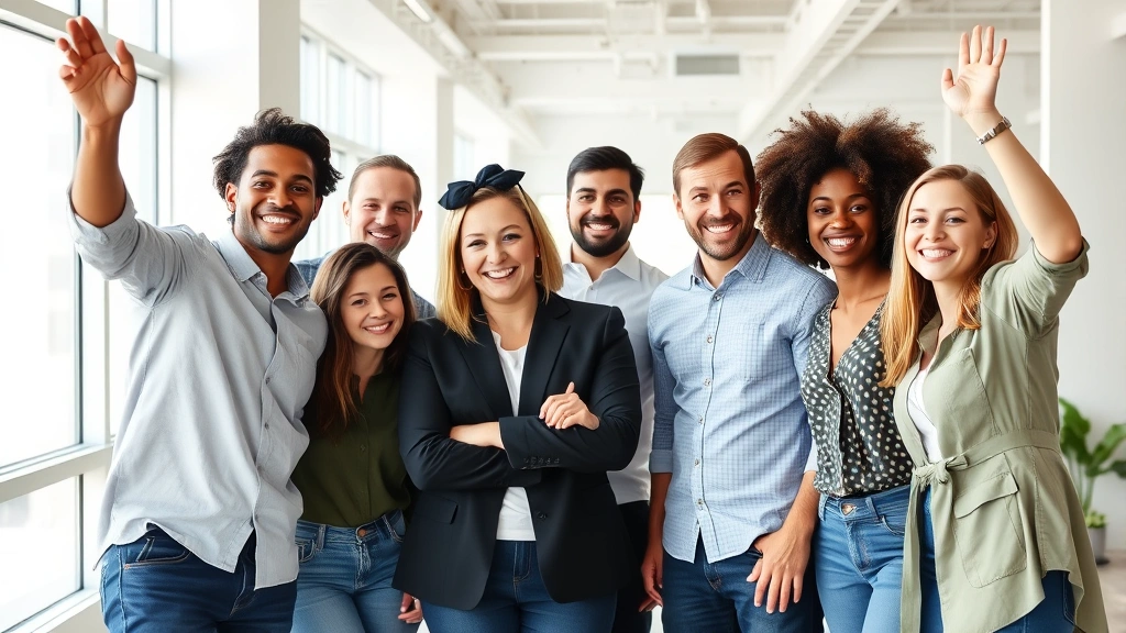 Mixed group of employees from different backgrounds celebrating achievement in bright modern office space, genuine smiles, diverse representation, collaborative atmosphere, natural daylight