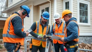 Professional foundation repair team conducting structural assessment on residential property, using measuring instruments and documentation equipment, modern safety gear visible