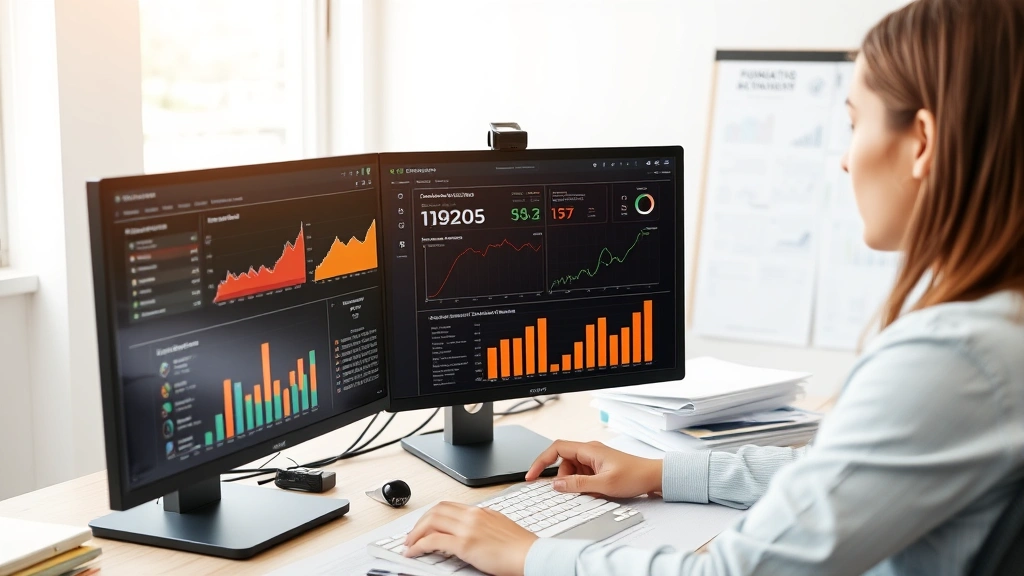Foundation company office manager reviewing business metrics and performance data on computer screen, organized workspace with project files and documentation