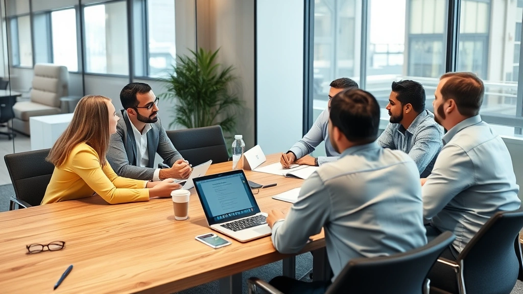 Experienced foundation company owner meeting with team members in conference room discussing strategic improvements and business growth plans