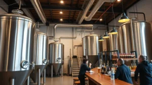 Professional craft brewery interior with stainless steel fermentation tanks, modern lighting, and wooden bar counter where customers taste beers