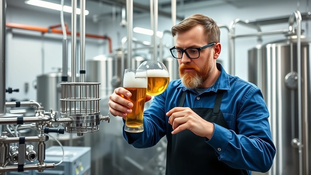 Master brewers examining golden beer in glass during quality control testing in contemporary laboratory facility