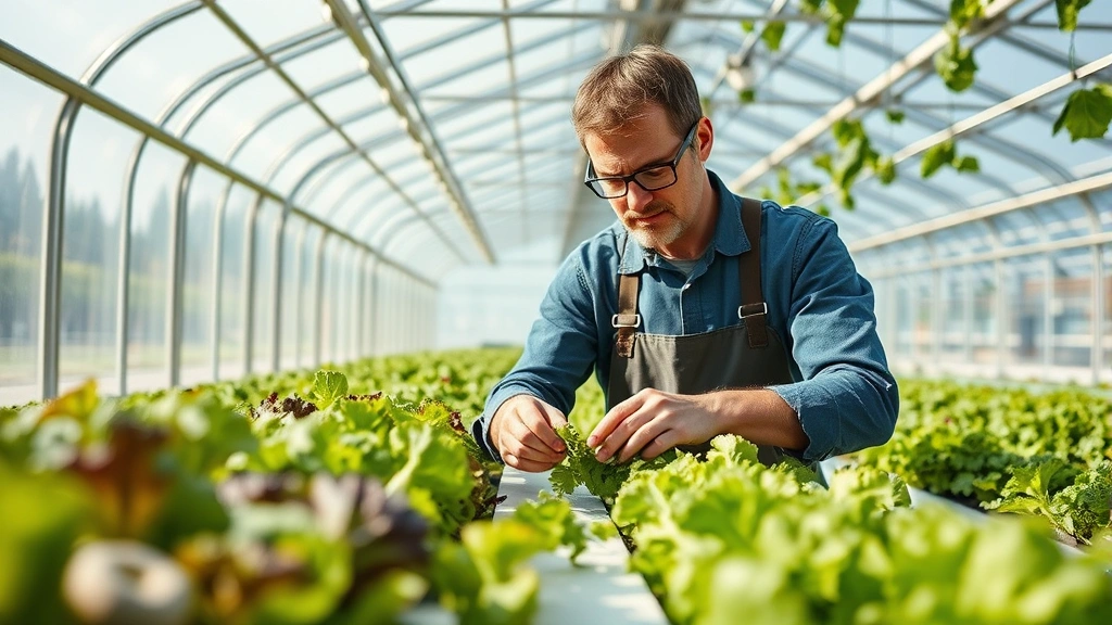 Professional farmer in modern sustainable greenhouse examining fresh organic lettuce and vegetables with natural sunlight streaming through glass panels, clean white surfaces, healthy vibrant green produce