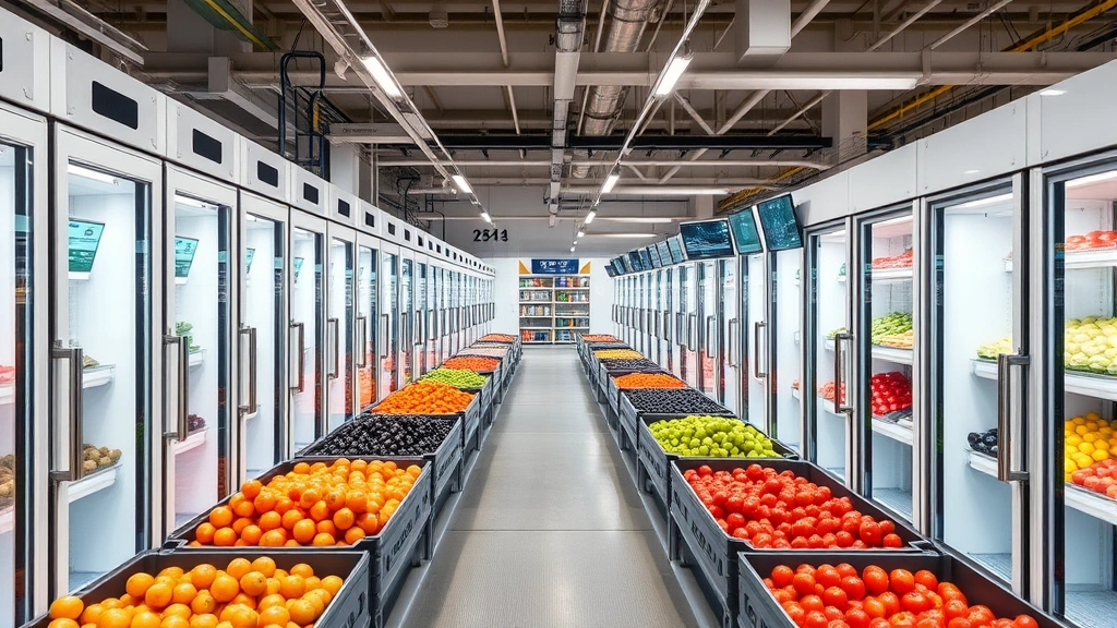 Modern cold-chain logistics facility with temperature-controlled storage units, digital monitoring screens displaying real-time data, organized rows of fresh produce in climate-controlled compartments, professional warehouse environment