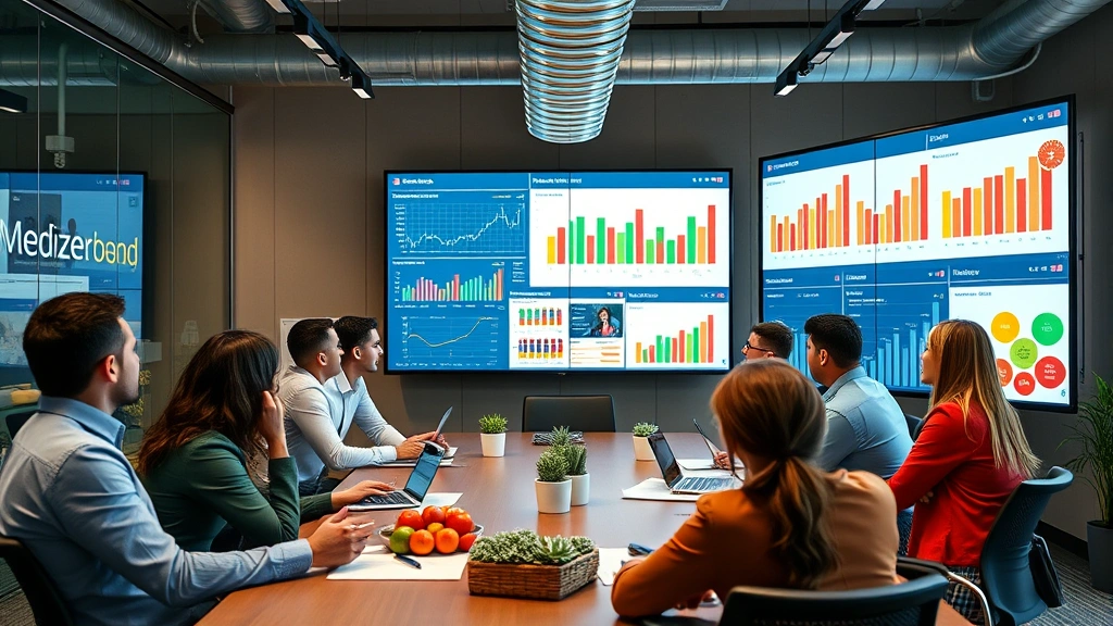 Diverse group of business professionals in fresh food company meeting room reviewing supply chain analytics on large digital displays, discussing sustainability initiatives and distribution optimization, collaborative corporate setting