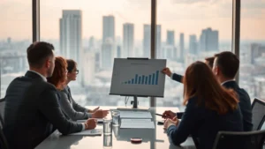 Professional business consultant presenting strategic analysis to executive team in modern conference room, large windows showing city skyline, focus on collaboration and strategic planning