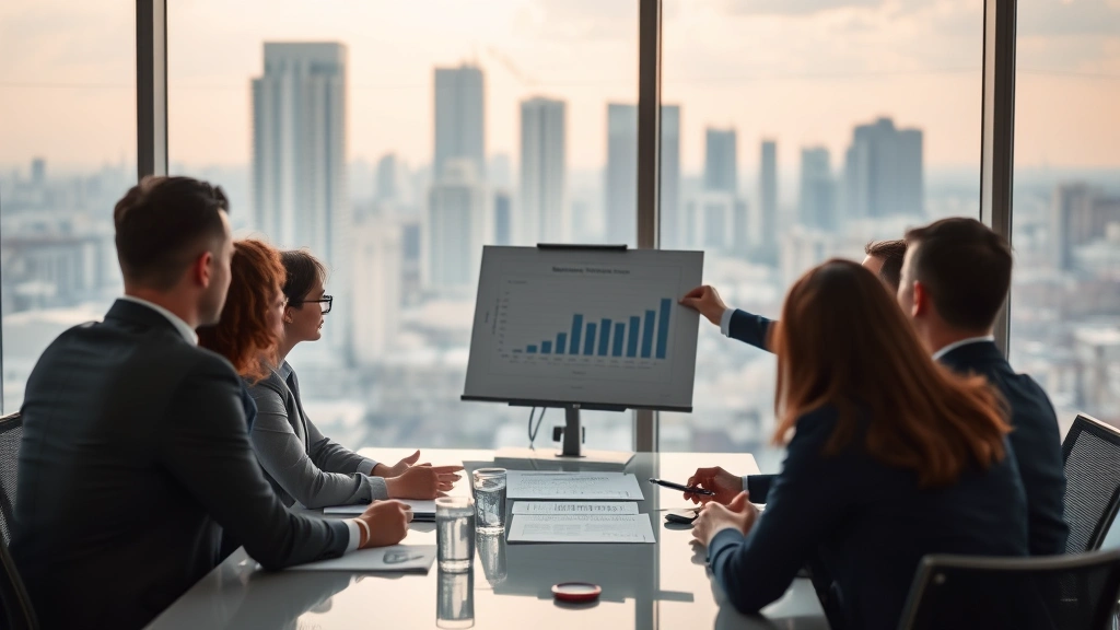 Professional business consultant presenting strategic analysis to executive team in modern conference room, large windows showing city skyline, focus on collaboration and strategic planning