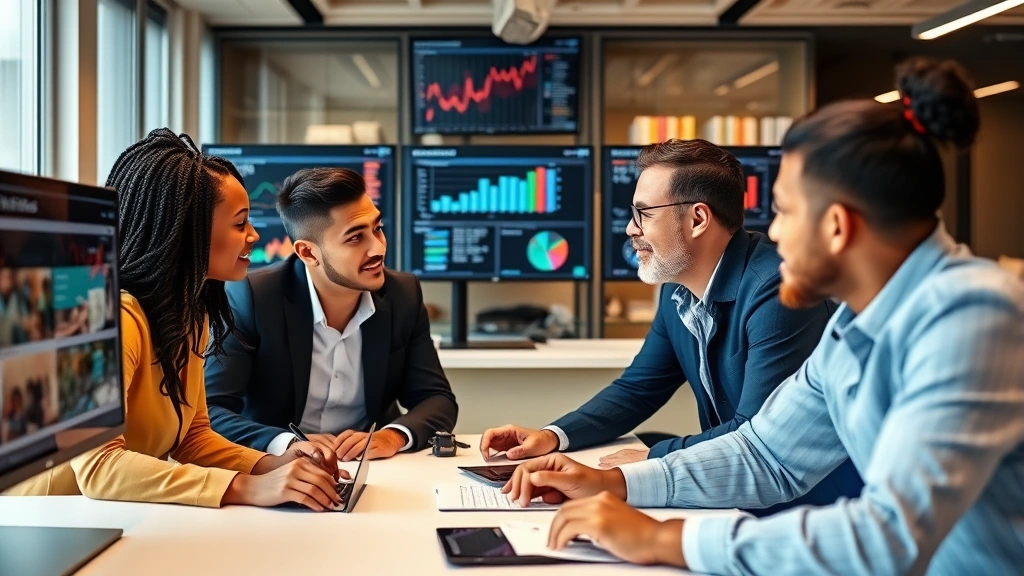 Diverse corporate team members working together at collaborative workspace analyzing business metrics and performance dashboards on multiple screens