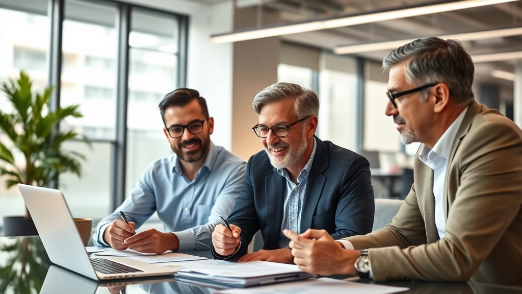 Senior business leaders reviewing analytics and performance data in contemporary office setting, confident expressions, strategic planning materials visible on table