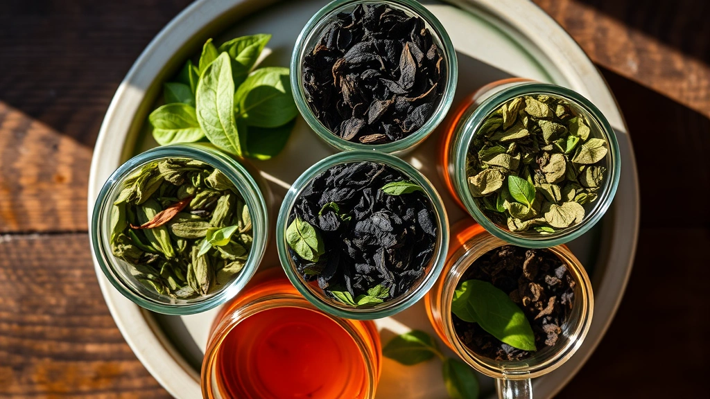 Professional overhead shot of premium loose-leaf tea varieties in glass containers with dramatic natural lighting, showing vibrant green, black, and oolong tea colors with fresh aromatic appeal
