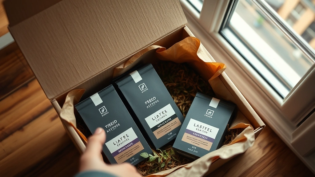 Luxury unboxing moment showing elegantly packaged tea products nestled in sustainable kraft paper with minimal branded packaging design, captured from above with soft natural window light