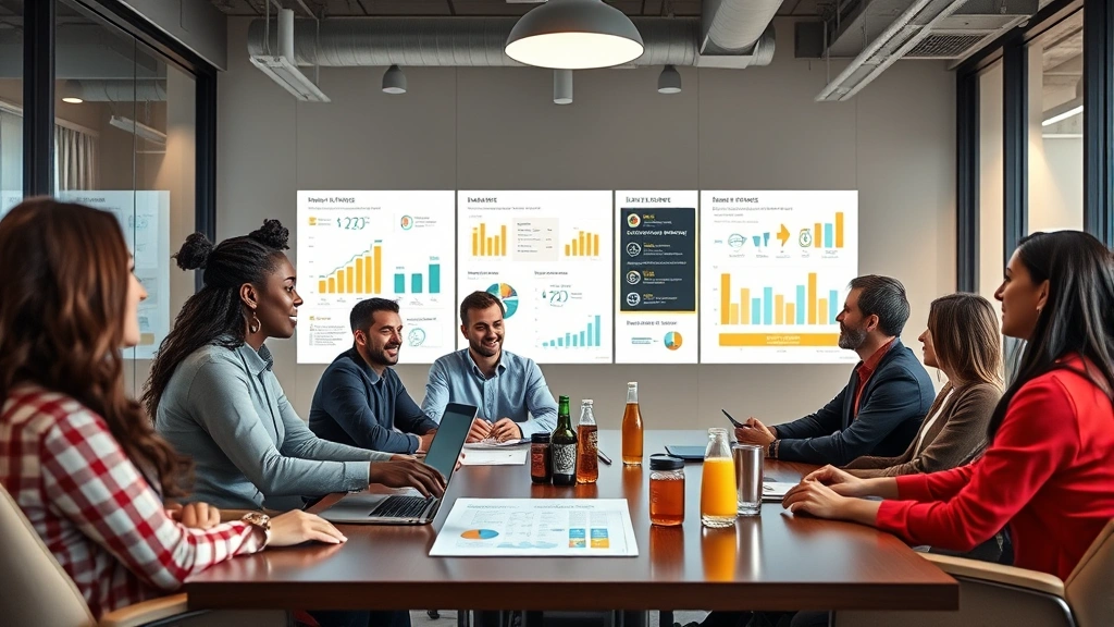 Diverse team of beverage company professionals collaborating in contemporary meeting room with market data visualizations, strategic planning session, inclusive workplace, modern corporate interior design