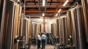 Modern craft brewery fermentation room with large stainless steel tanks, warm professional lighting, brewery staff in work attire monitoring equipment, industrial-modern aesthetic showcasing production quality and scale