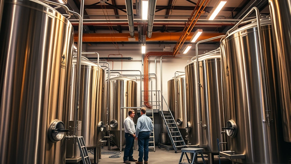 Modern craft brewery fermentation room with large stainless steel tanks, warm professional lighting, brewery staff in work attire monitoring equipment, industrial-modern aesthetic showcasing production quality and scale