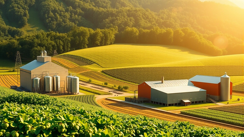 Brewery supply chain visualization showing hop fields, grain storage, and production facility in sequence, natural lighting emphasizing ingredient quality and agricultural sourcing, professional agricultural landscape