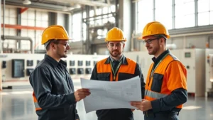Professional electrical engineers in hard hats reviewing blueprints at a modern power generation facility with control panels and industrial equipment visible in background, natural daylight streaming through large windows