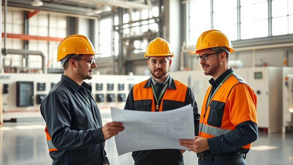Professional electrical engineers in hard hats reviewing blueprints at a modern power generation facility with control panels and industrial equipment visible in background, natural daylight streaming through large windows